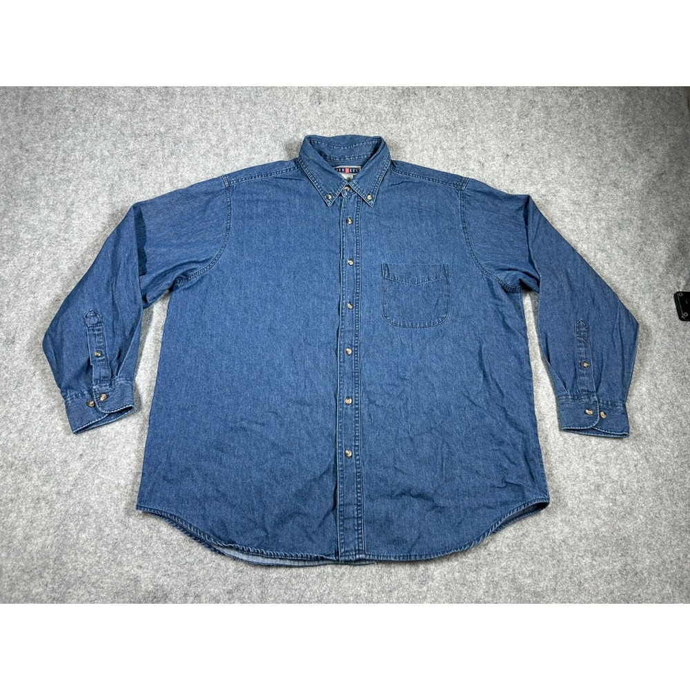 Jerzees Denim Button Down Shirt Mens XL Blue Long Sleeve Pocket Casual Cotton